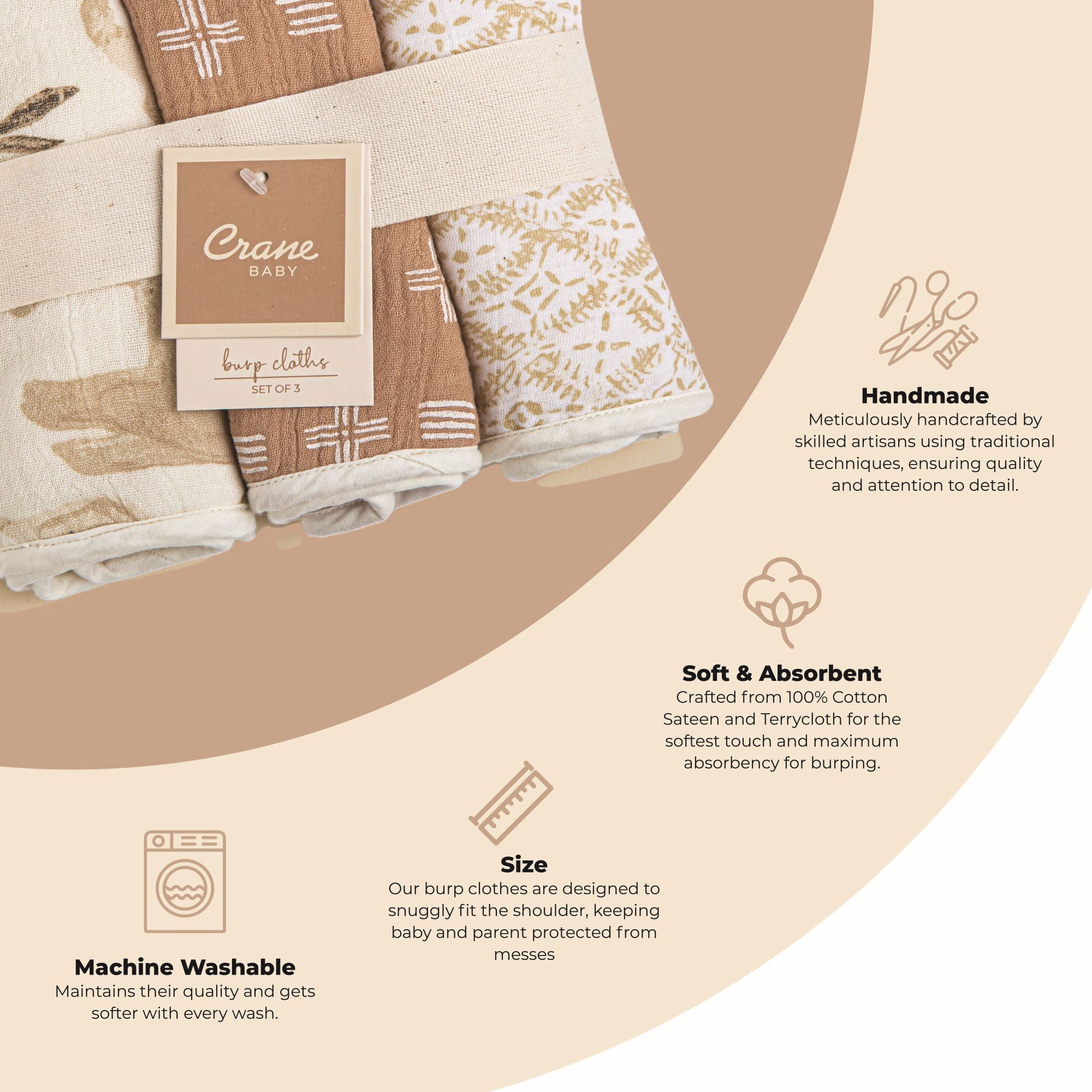 Crane Baby Kendi Safari Animal Burp Cloth, 3 Piece, Unisex Burp Cloths, Baby Registry Gift