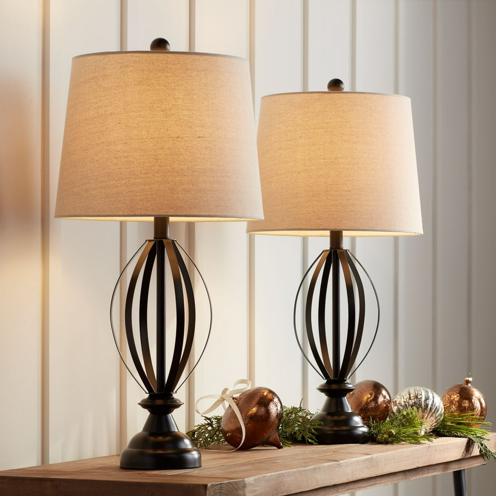 360 Lighting Farmhouse Table Lamps Set of 2 Bronze Open Cage Taupe Drum