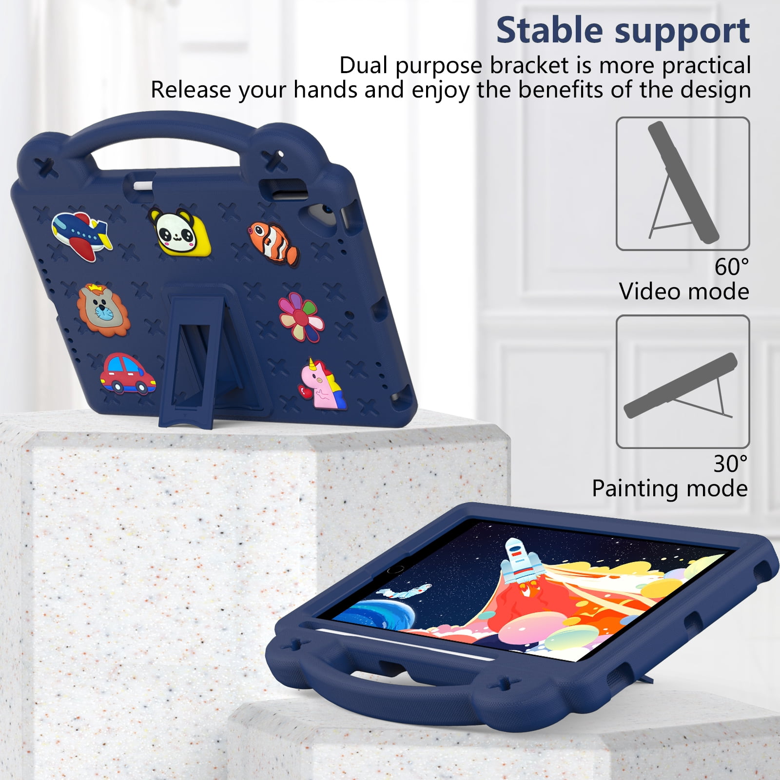 ELEHOLD Kids Case for iPad 9th/8th/7th Gen (2021/2020/2019)10.2 inch, EVA Foam Cute Cartoon Case with Built-in Kickstand Pencil Holder Shockproof Portable Case for iPad 10.2",Navyblue