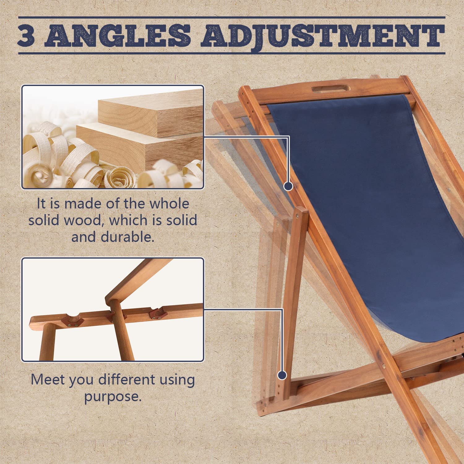 Beach Sling Chair Set, Folding Adjustable Frame Patio Lounge Chair Set of 2 Outdoor Solid Wood Frame Portable Reclining Beach Chair with White Polyester Canvas 3 Level for Beach Swimming Pool - image 3 of 7