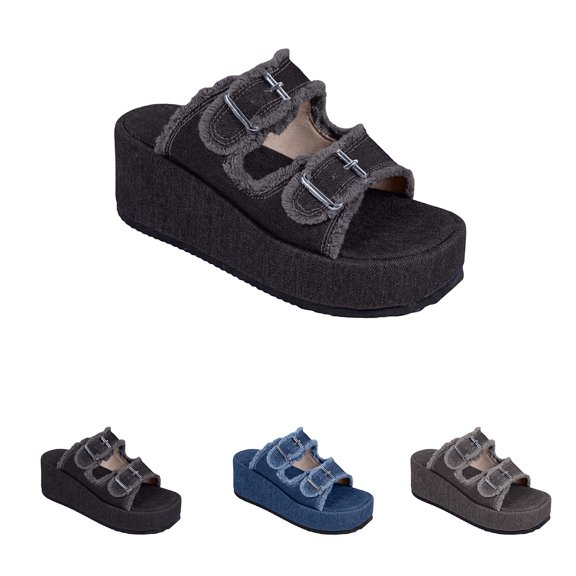 Women's Platform Slide Sandals Comfortable Thick Sole Wedge Slides Buckle Strap Casual Summer Sandals Fashion Beach Vacation Slippers Gray 9.5(43)