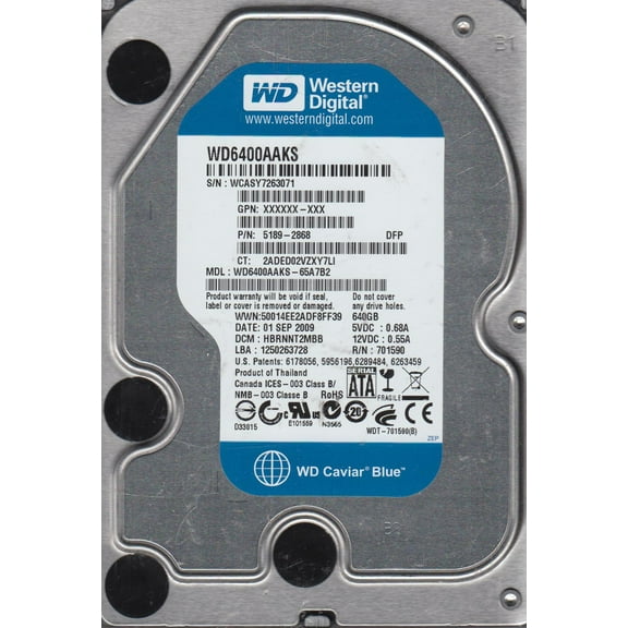WD6400AAKS-65A7B2, DCM HBRNNT2MBB, Western Digital 640GB SATA 3.5 Hard Drive