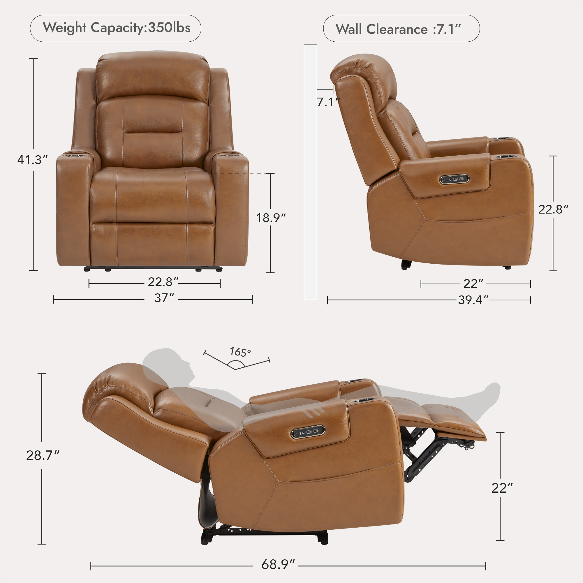 Spruce & Spring Lay-Flat Genuine Leather Power Recliner Chair with Headrest, Saddle
