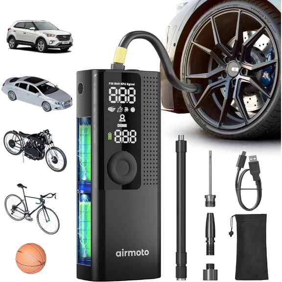 Airmoto Tire Inflator Portable Air Compressor - Air Pump for Car Tires with Tire Pressure Gauge