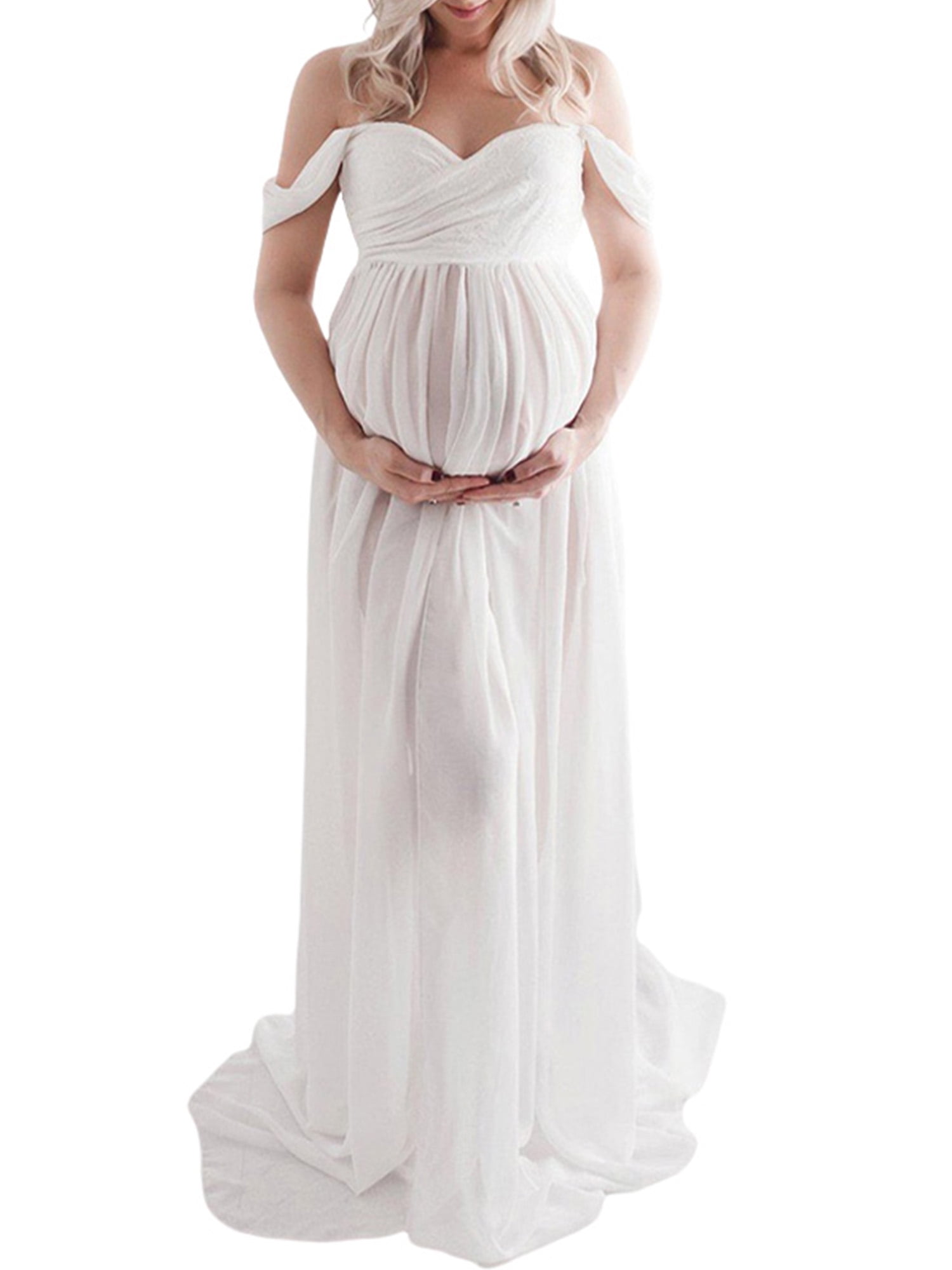 Maternity Dress for Photography Off Shoulder Chiffon Gown Split Front Maxi Pregnancy Dresses for Photoshoot 
