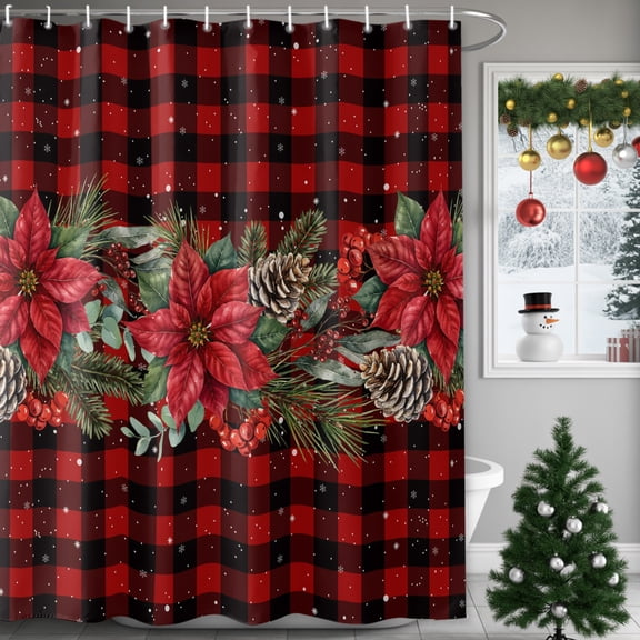 72x78 Inch Shower Curtain Christmas Poinsettia Bathroom Decor, Waterproof Fabric Bathtub Bath Curtains Decorative Xmas Pinecones Berry Snowflake Red Plaid Extra Long Shower Curtain Set with Hooks