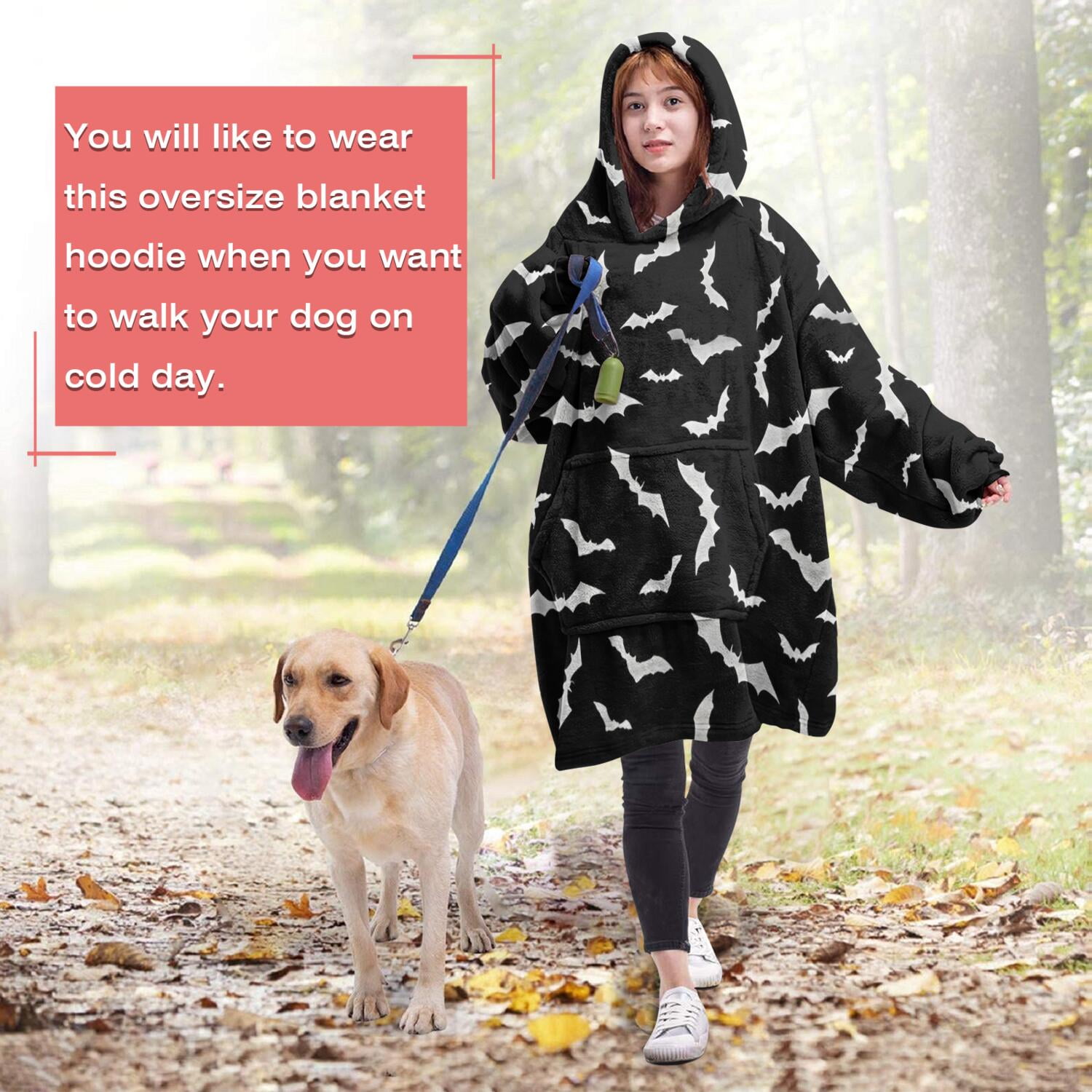 Wearable Oversized Blanket,Black Halloween Bats with White Wearable Blanket Hoodie for Adults,Cozy Hooded Blankets with Super Pockets,Super Warm Fuzzy Pullover for Women & Men