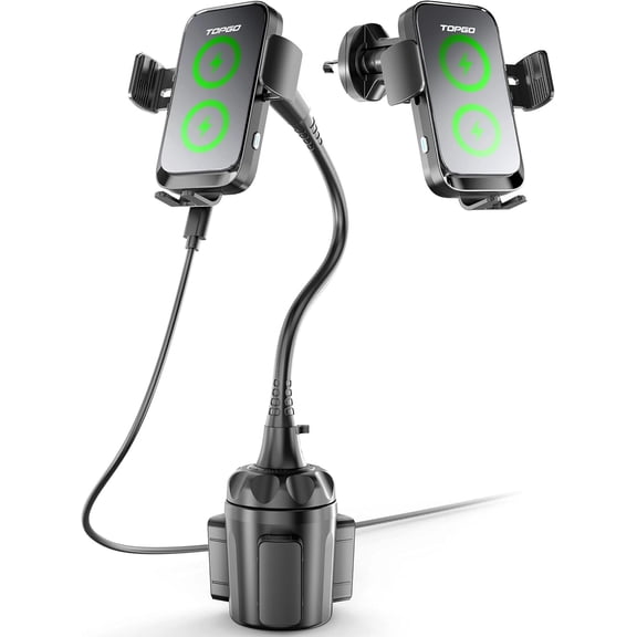 SWTSWT Dual Coil Cup Phone Mount Wireless Charger, Universal Cell Phone Holder, Cup Holder 15W Fast Charging for iPhone 17 16 Pro Max, Samsung Galaxy - Black