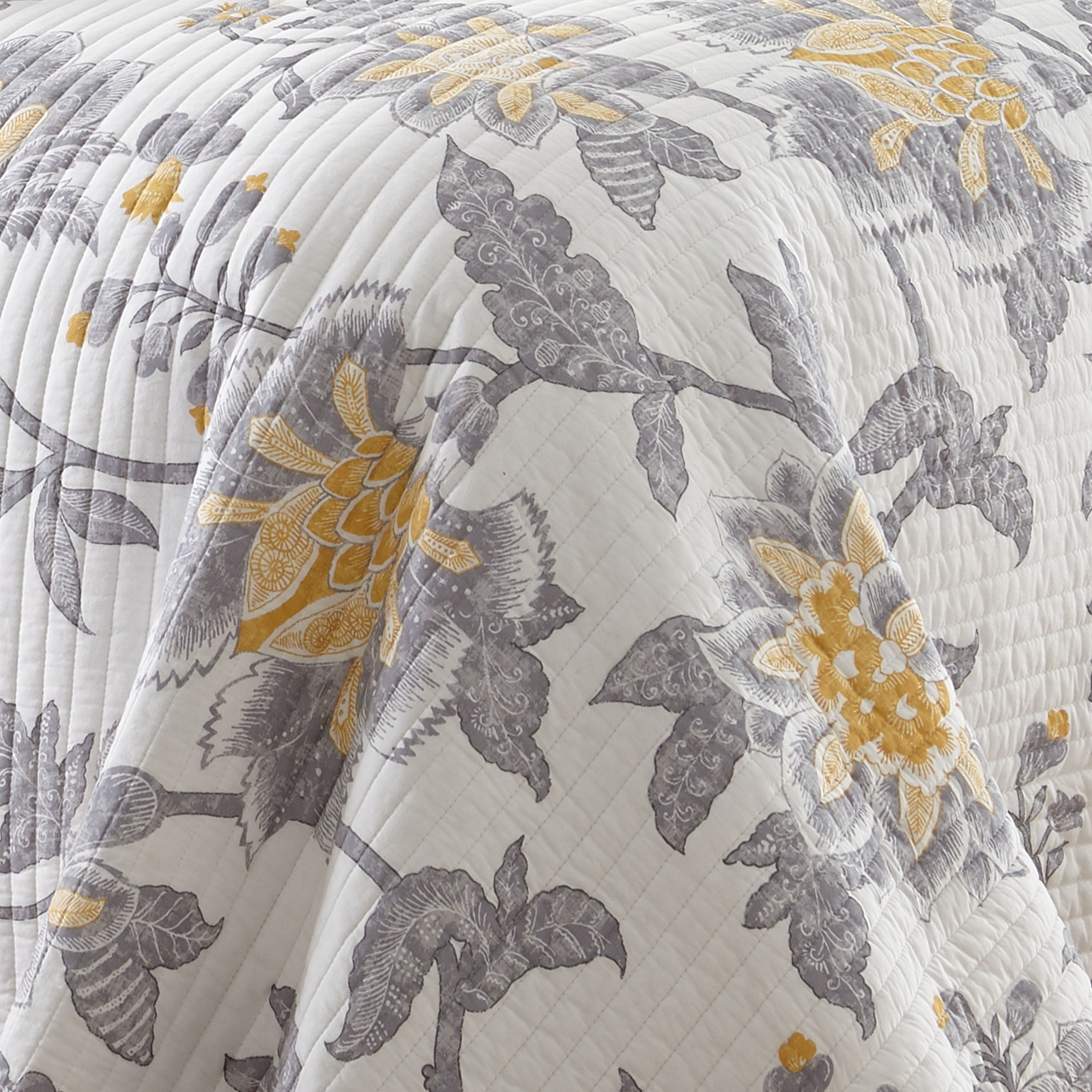 Levtex Home - Reverie Quilt Set - Full/Queen Quilt + Two Standard Pillow Shams - Floral - Yellow, Grey, and White - Quilt Size (88x92in.) and Pillow Sham Size (26x20in.) - Reversible - Cotton Fabric