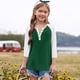 thumbnail image 3 of Cowsor Girl's Casual 3/4 Sleeve T Shirts Button V Neck Tunic Blouses Color Block Basic Tee Tops Loose Fit Summer Shirt, 3 of 6