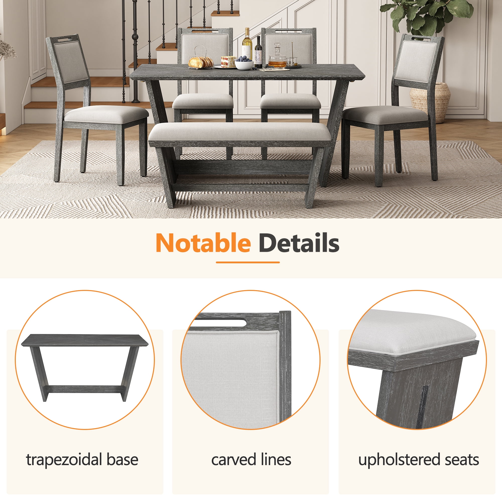 Euroco 6-Piece Dining Table Set for 6, 59.8" Retro Rectangular Kitchen Table with 4 Upholstered Chairs & 1 Bench,Dining Furniture Set for Living Room and Kitchen,Gray