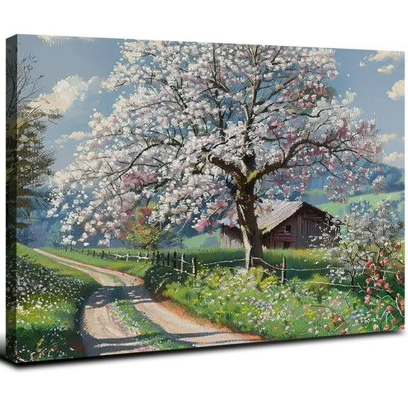 Acheng Vintage Spring Summer Nature Landscape Wall Art Flowering Orchard Country Road Landscape Painting European Farmhouse Field Prints Pink Flower Posters Pictures Home