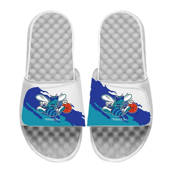 Men's ISlide x Mitchell & Ness White Charlotte Hornets Paint Stripe Slide Sandals