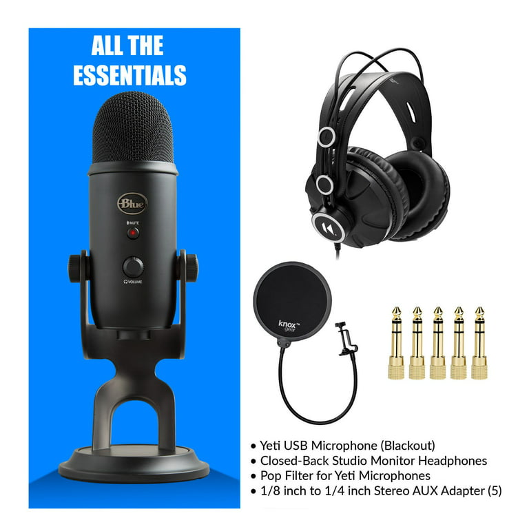 Blue Yeti USB Microphone (Blackout) with Knox Gear Headphones and Pop  Filter 