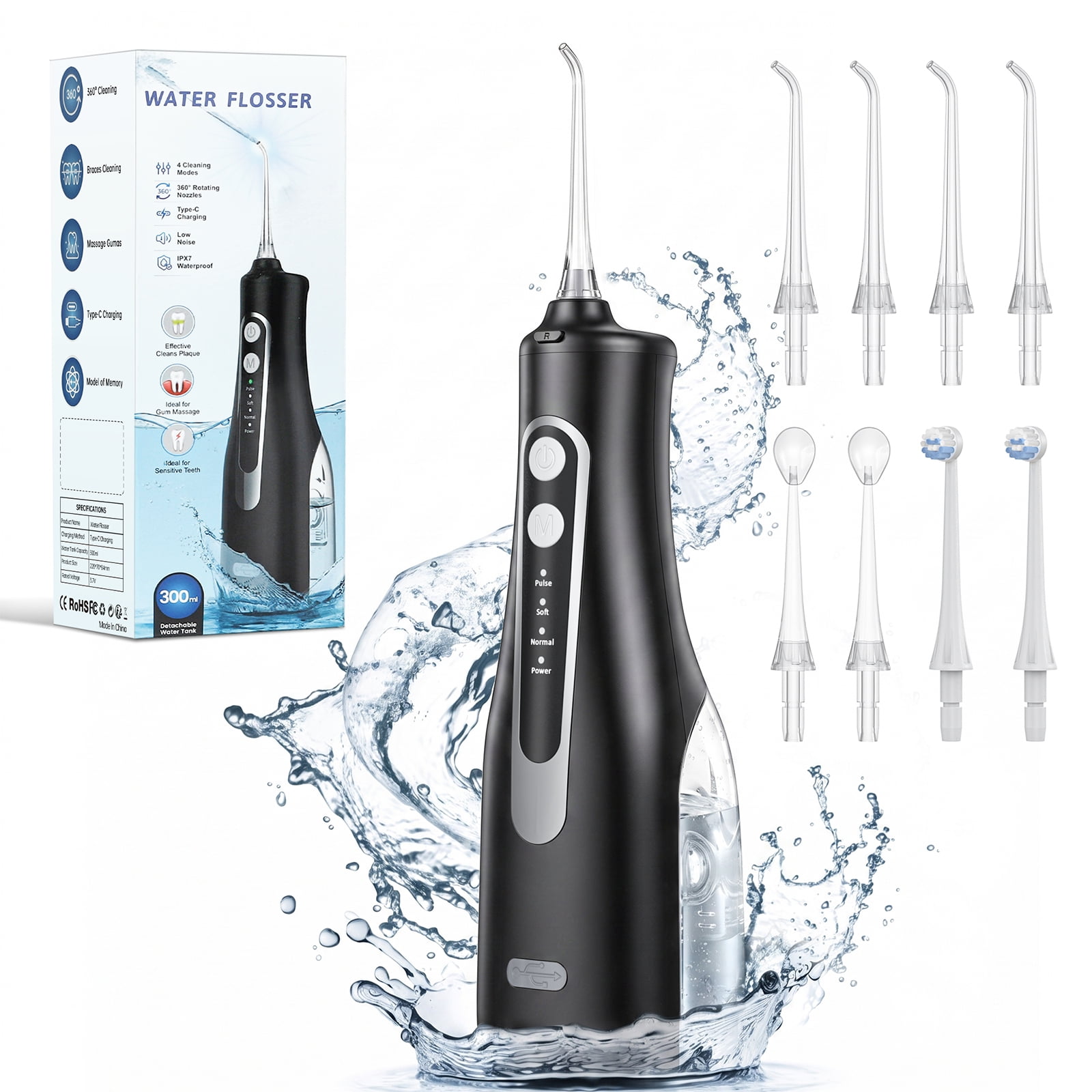 Cshidworld Cordless Water Flosser, Portable Dental Teeth Cleaner, 300ML Tank Rechargeable Dental Oral Irrigator for Home and Travel, 4 Modes 8 Jet Tips, IPX7 Waterproof