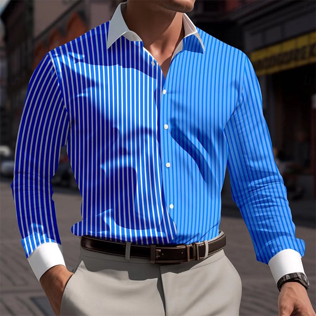 Camisa estampada con patrón de degradado geométrico para hombre, camisa de manga larga con botones de solapa, ropa de calle para hombre