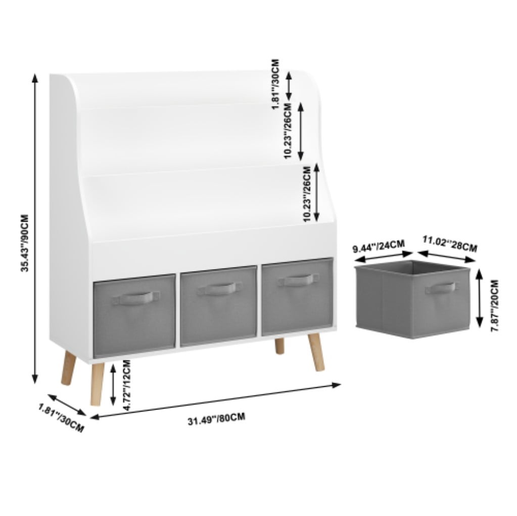 Kids Bookshelf with 3 Fabric Storage Bins, 3-Tier Front-Facing Book Display Organizer with Pine Legs, Wooden Book Rack for Toddlers, Nursery, Playroom & Bedroom, White
