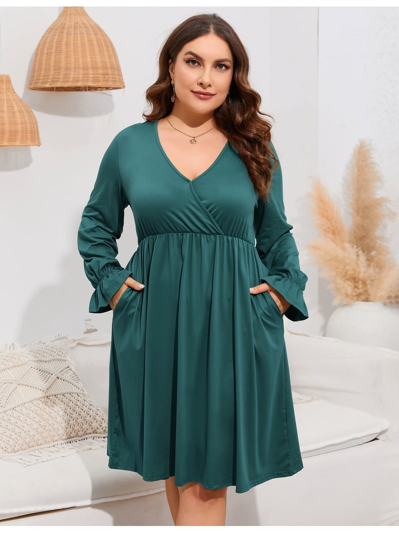 green emerald velvet dress Plus Size Lantern Long Sleeve Flowy Swing Satin Pleated Maxi Dress main image 1