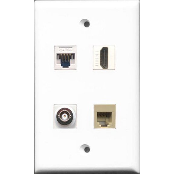 RiteAV - 1 Port HDMI and 1 Port Phone RJ11 RJ12 Beige and 1 Port BNC and 1 Port Cat5e Ethernet White Wall Plate
