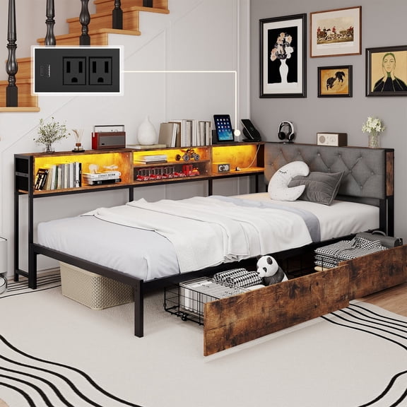 Anyhave Twin Corner Bed Frame with LED Lights & Storage, L-Shaped Daybed with Charging Station Bookcase 2 Drawers Platform Bed, Rustic Brown
