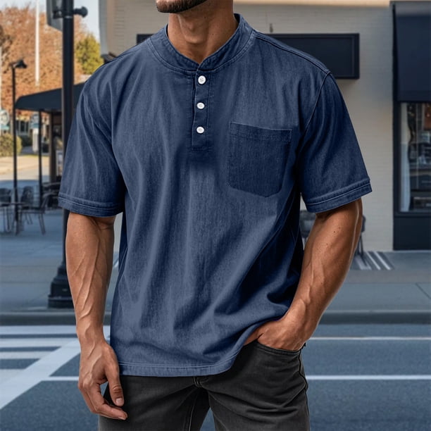 Blusas y camisas de manga corta con cuello redondo para hombre, blusas/camisetas casuales de verano a la moda de color liso con cuello redondo para hombre.