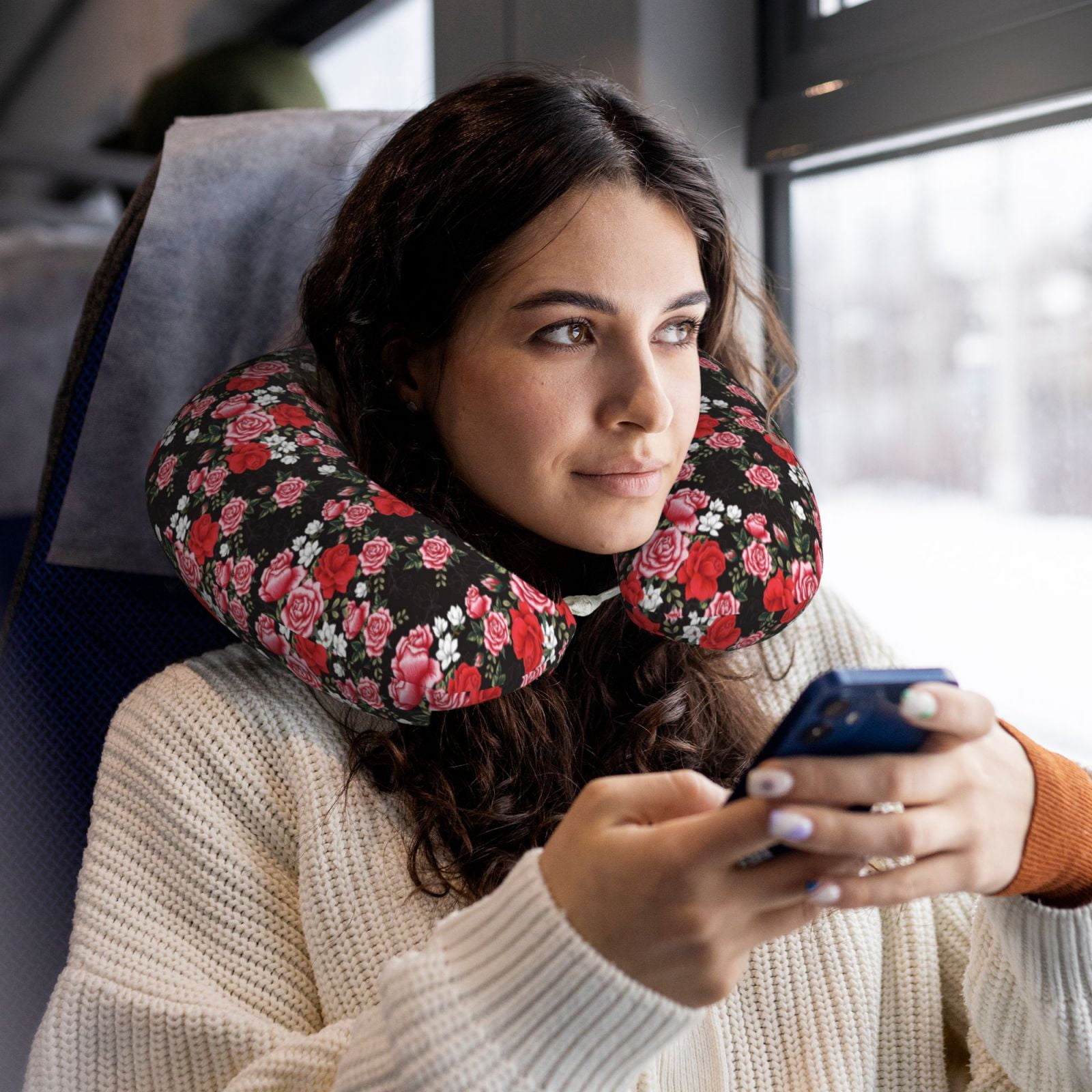 Xecao Rose Flowers Print Memory Foam Cervical Neck Pillow Versatile U-Shaped Pillows for Home,Office,Camping,Travelling,Soft Washable Cover