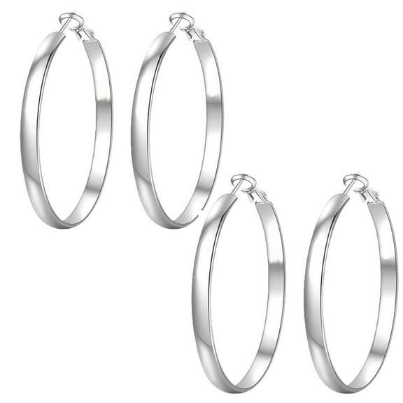 Fashion Oversized Hoop Earrings Set – 2 Pairs Silver Wide Circle Minimalist Statement Earrings