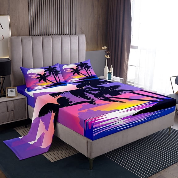 Erosebridal Summer Palm Tree Twin Sheet Sets, Cartoon Beach Bedding Twin Size, Seaside Night Bedroom Decor 3pcs