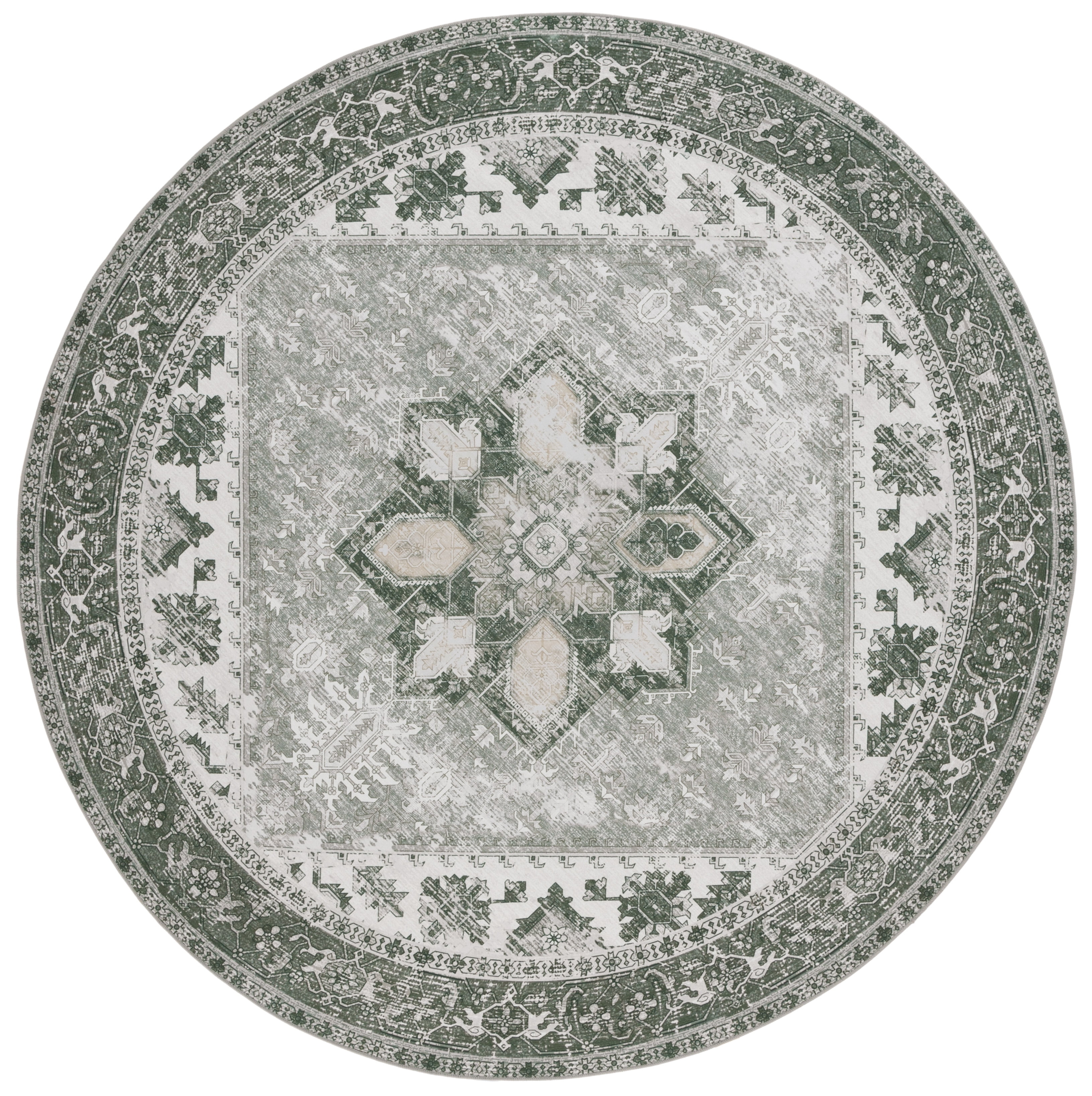 SAFAVIEH Tucson Jayla Oriental Machine Washable Area Rug, Dark Sage/Ivory, 4' x 4' Round