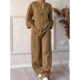 thumbnail image 2 of Womens Cotton Linen 2 Piece Sets V Neck Button Down Long Sleeve Shirt Wide Leg Trouser Sets with Pockets Khaki L, 2 of 5