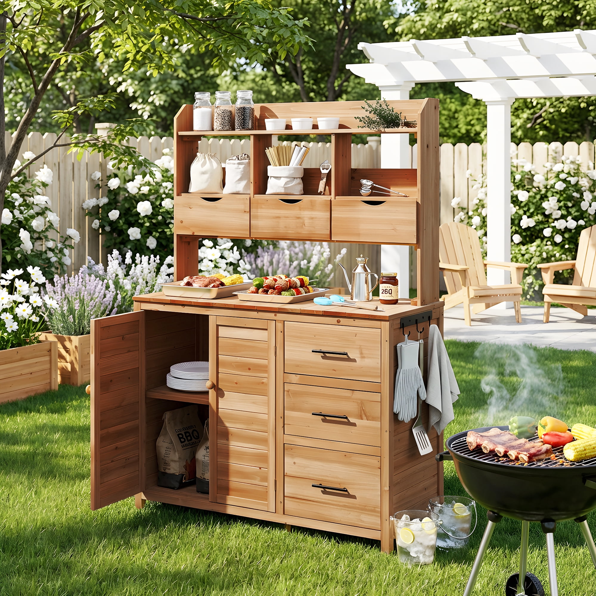 Mintazer 65" Outdoor Farmhouse Potting Bench, Freestanding Garden Workstation with 6 Drawers, Cabinet, Open Shelves & Side Hook, Natural