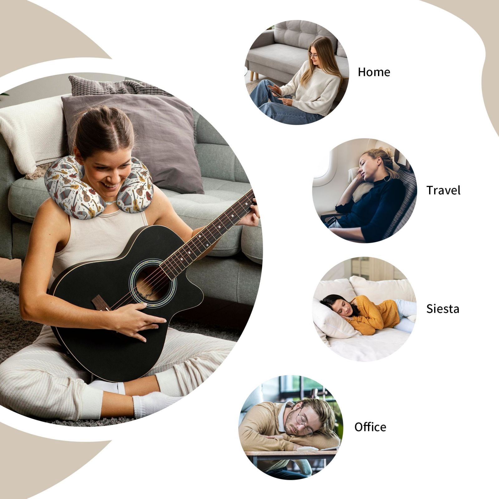 Xecao Guitar Print Memory Foam Cervical Neck Pillow Versatile U-Shaped Pillows for Home,Office,Camping,Travelling,Soft Washable Cover