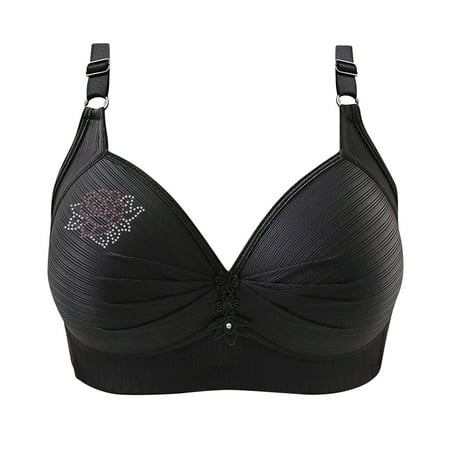 miqiqism Adjustable Strap Bras for Women Push Up No Steel Ring Bras Full Coverage Non-slip Bras Wireless Everyday Bra Trendy Pleated Solid Color Brassieres Black Large