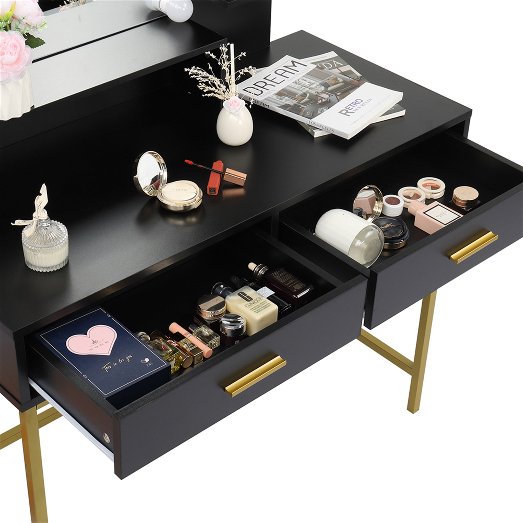 Kadyn Vanity Set with 10 LED Bulbs, Makeup Table with Cushioned Stool, 3 Storage Shelves 2 Drawers, Dressing Table Dresser Desk for Women, Girls, Bedroom, Black