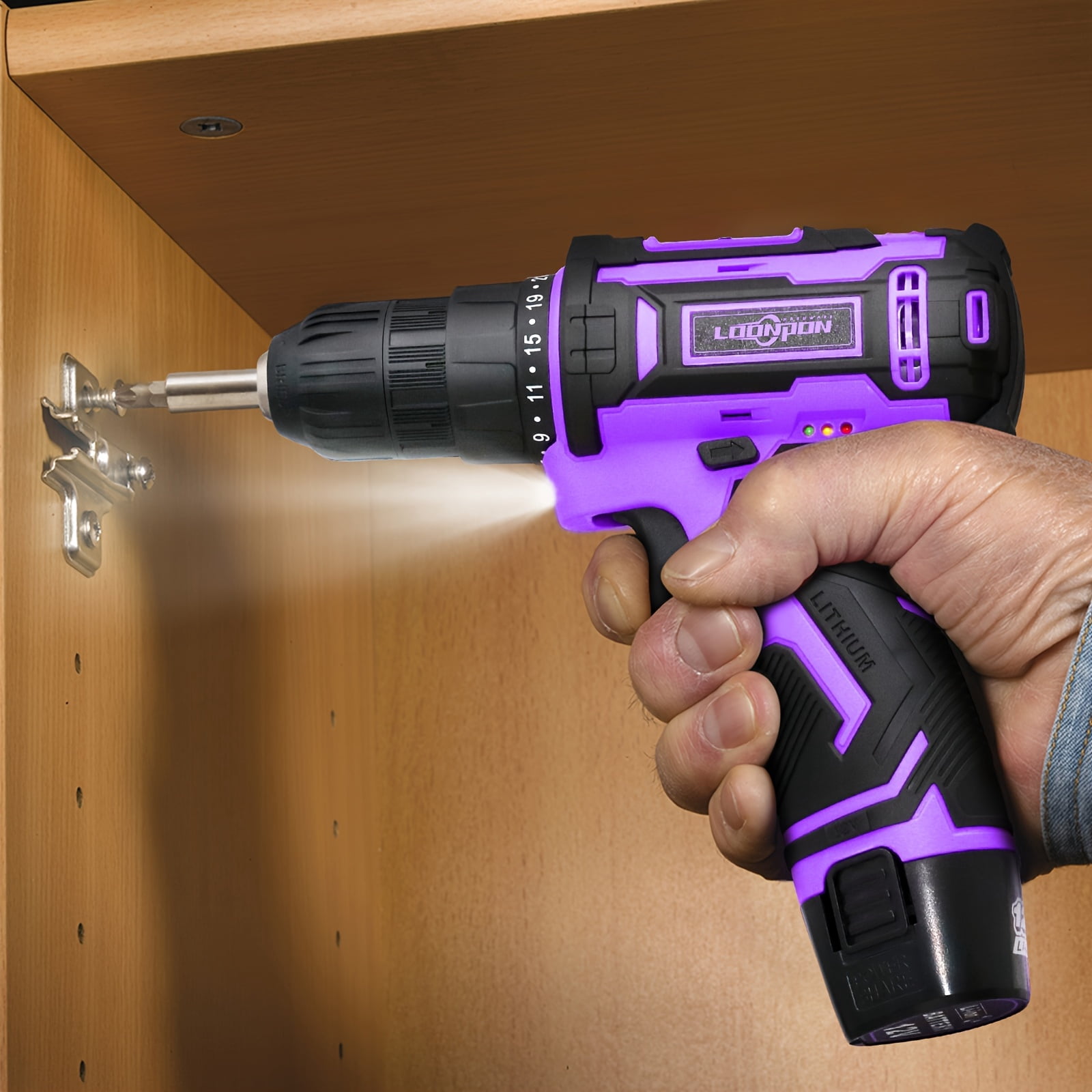 Purple Cordless Drill 12V ,Electric Power Driver Kit,with Drills Bits Set,LED,2 Variable Speed for Home DIY