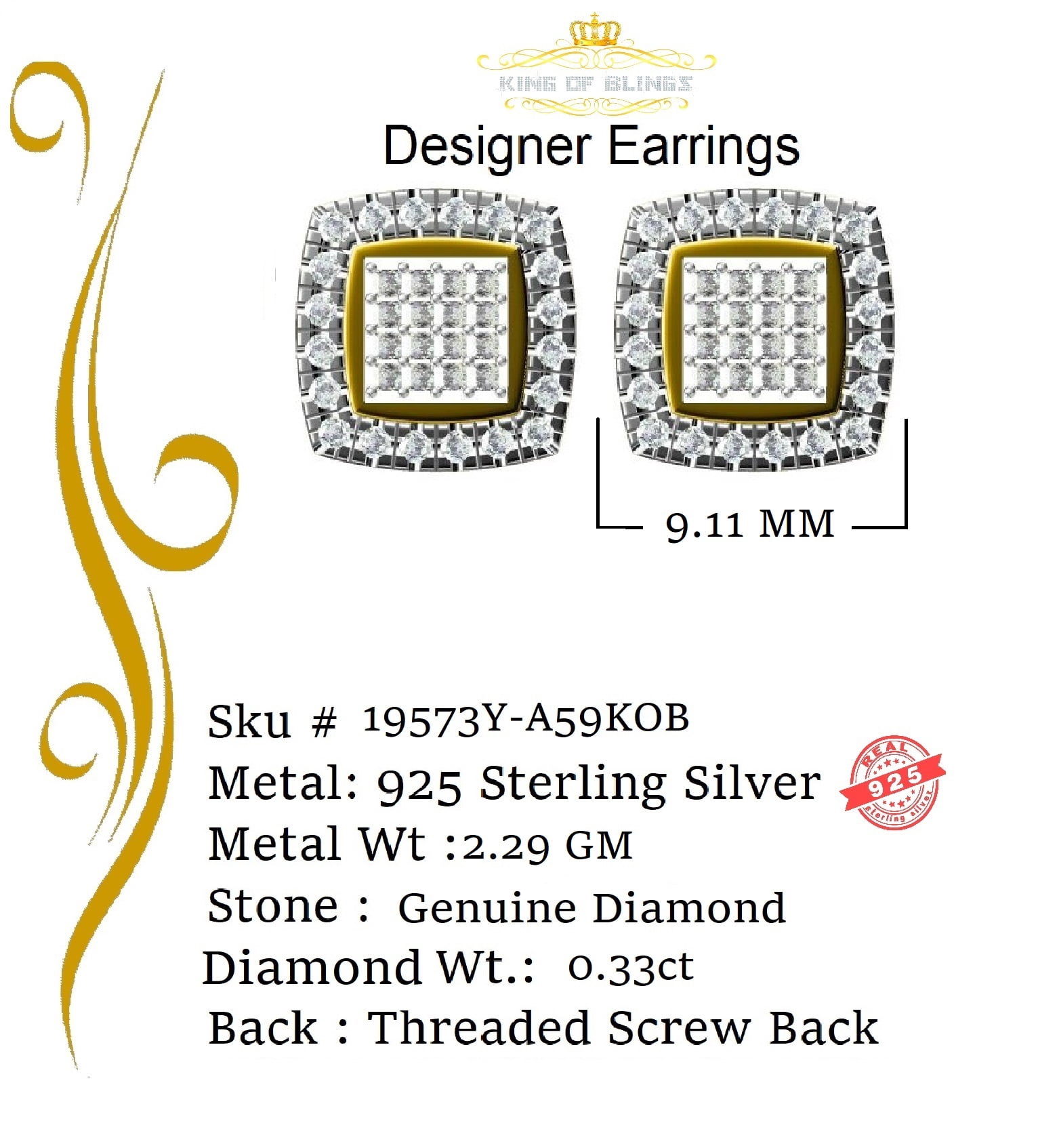 King of Bling's 0.75ct Diamond 925 Sterling Silver Hip Hop Yellow Stud Earring For Men / Women