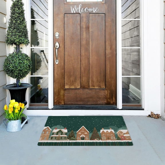 Green Plaids Christmas Street View Doormats Welcome Mats Gate Pads Entryway Outdoor 32" x 20"