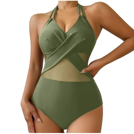 UTSJKR Savings Women s Halter One Piece Swimsuit Mesh Patchwork Ruched Tummy Control Bathing Suit Slimming Push Up Padded Swimwear Green L