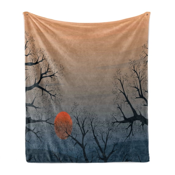 Nature Soft Flannel Fleece Blanket, Sun Rises Between Tree Branches in Misty Weather Foggy Sky Illustration, Cozy Plush for Indoor and Outdoor Use, 50" x 60", Slate Blue Orange Peach, by Ambesonne