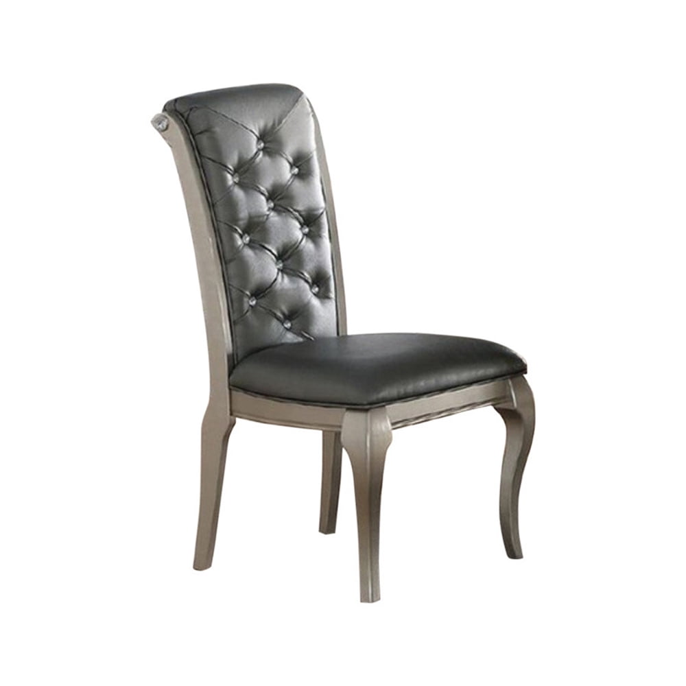 Set Of 2 Rubber Wood Dining Chair With Tufted Back, Gray And Silver - Saltoro Sherpi