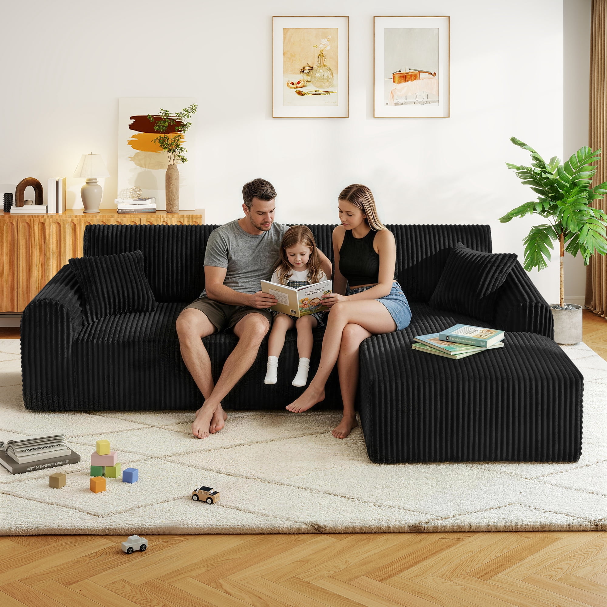 Aukfa 109" Modular Cloud Sectional Sofa with L-Shape Chaise, Corduroy Upholstered Deep Seat Couch, Right Facing Chaise, No Assembly Boneless Sofa for Living Room/Bedroom/Apartment, Black