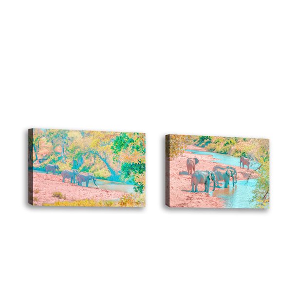 Set of 2 Waterhole Rendezvous II Contemporary Fine Art Giclee on