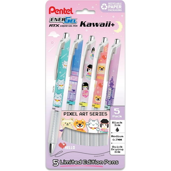 Pentel EnerGel, Quick Drying Gel Pen, Kawaii Tokyo Designs, (0.7mm), Black Ink, Pack of 5