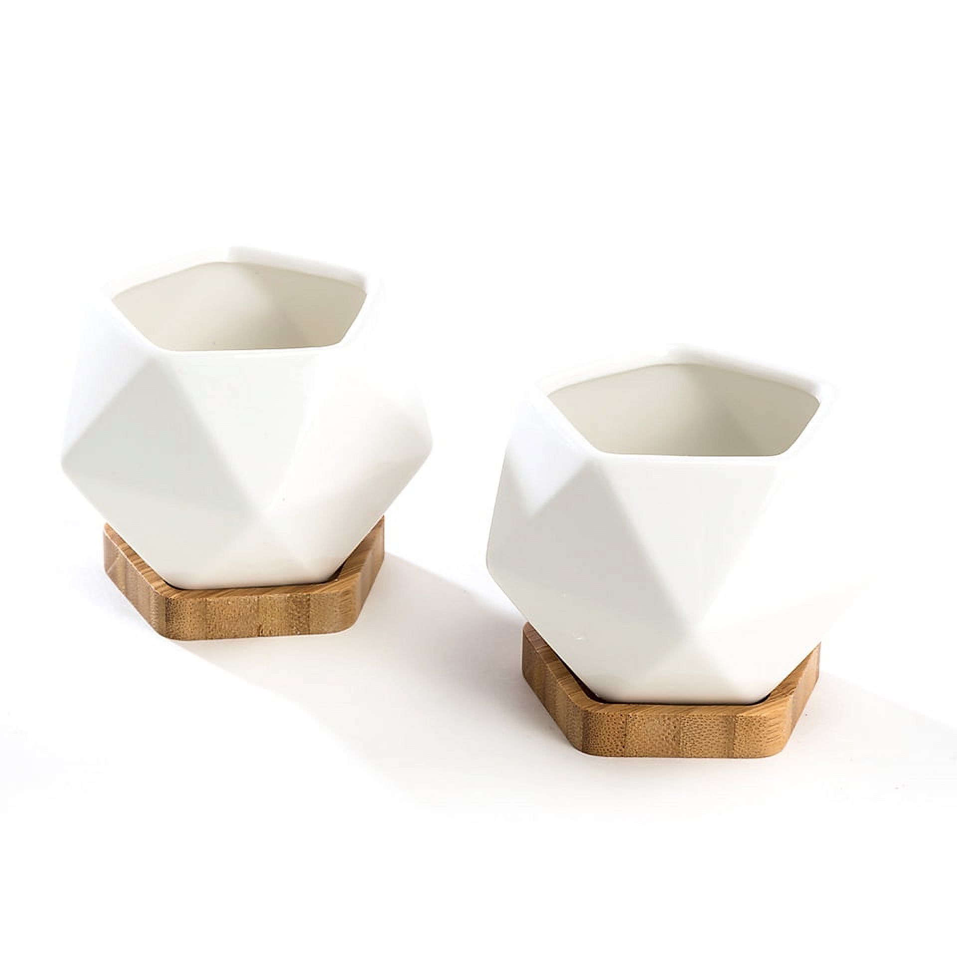 K-Cliffs White Diamond Shape Ceramic Succulent  Pots with Bamboo Trays, Set of 2 3.5L*3.5W*3H in ,Pot:3.5*3.5*2.6H in, Saucer: 2.75L x 2.75W x 0.5H