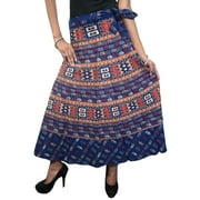 Mogul Women's Wrap Skirt Blue Printed Cotton Wrap Around Dress Magic Skirts