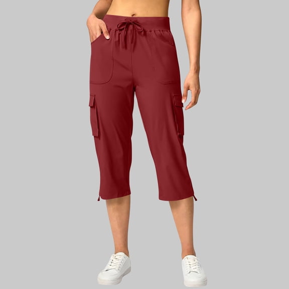 Womens Cargo Capri Pants Elastic Waist Side Drawstring Fitting Crop Hiking Pants Outdoor Summer Travel Trousers