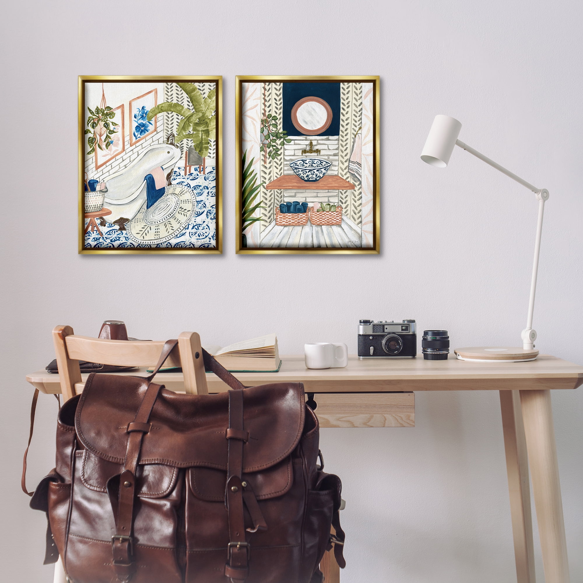 Stupell Industries Boho Chic Bathroom Bath & Laundry Painting Gold Floater Framed Canvas Art Print Wall Art, 17 x 21, Set of 2