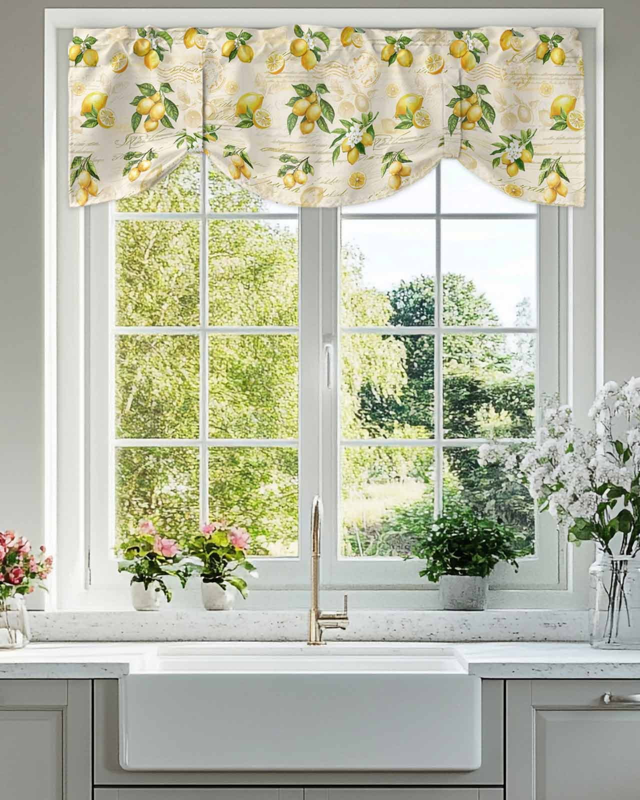 Vintage Lemon Tie Up Valances Curtain, Adjustable Kitchen Leaf Yellow Fruit Letter Background Farmhouse Valances for Windows Decor, Rod Pocket Short Curtains Set for Bedroom/Bathroom, 54"x18"