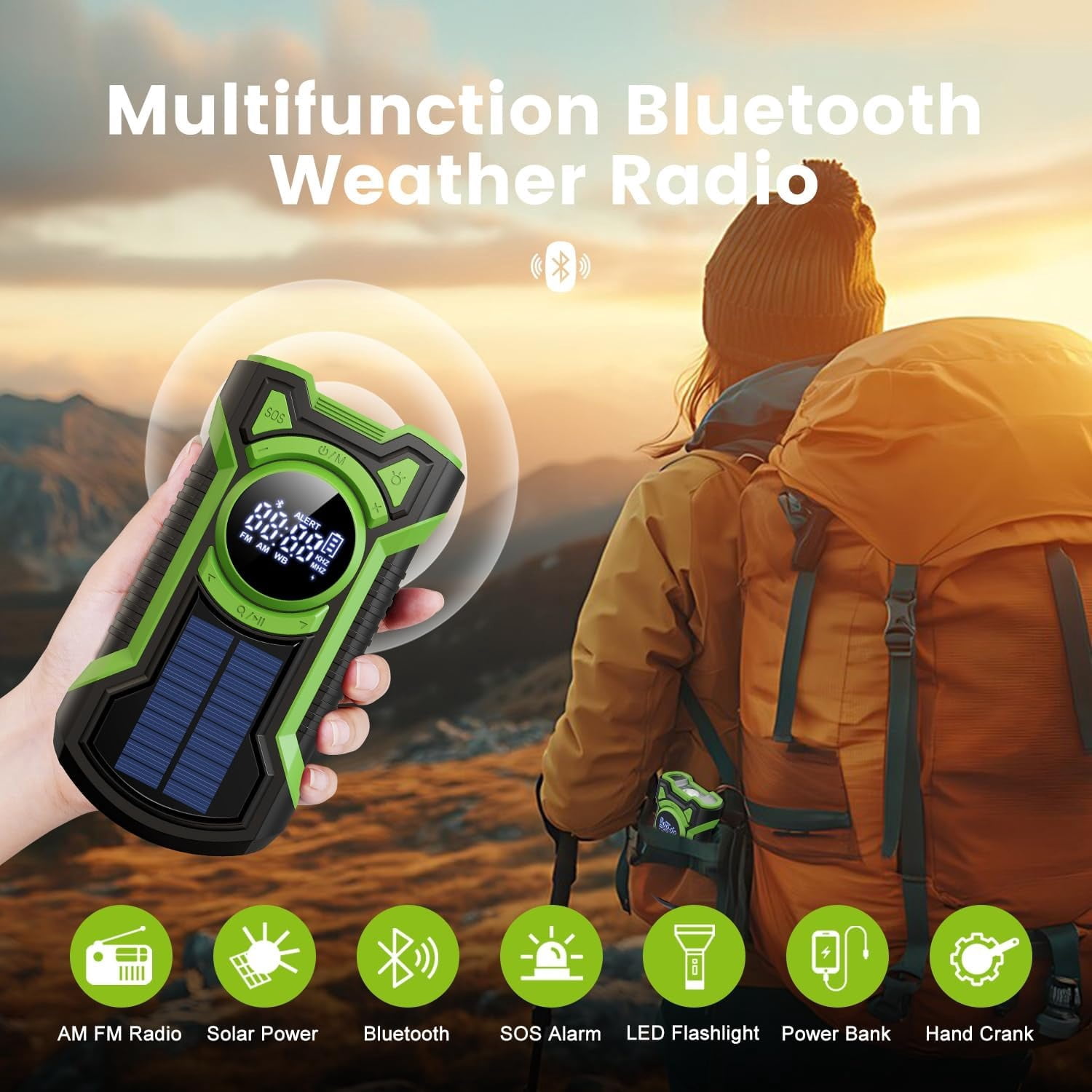 Emergency Radio Hand Crank Solar 5000mAh, IP65 Waterproof Dustproof Bluetooth 5.3 Portable AM/FM/NOAA Weather Alert Radio with Flashlight, Phone Charger, SOS, Headphone Jack- (Red)
