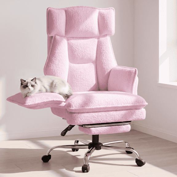 Mr IRONSTONE High Back Reclining Office Chair, Plush Teddy Fabric Desk Chair with Pull-Out Footrest and Flip-Up Arms for Home Office, Pink